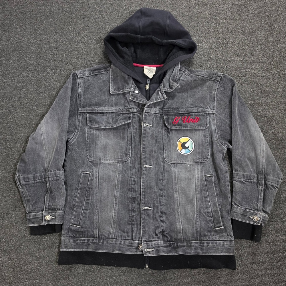 VTG G Unit Denim Jacket Mens Large Black Hooded Y2K Hip Hop Graphic Trucker Coat